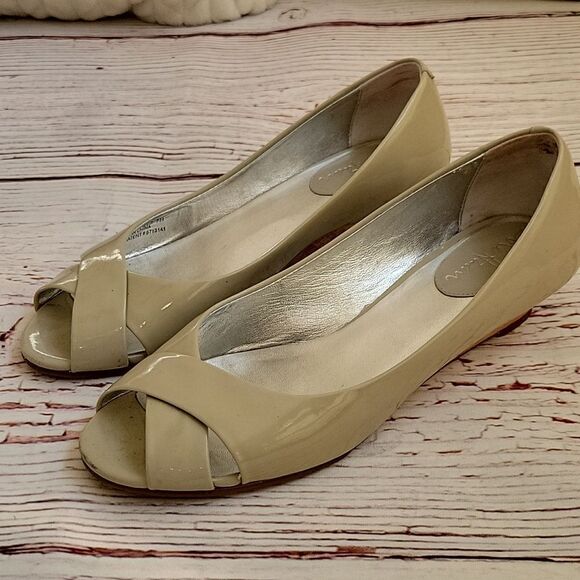 Cole Haan Taupe Patent Peep Toe Wedges Size 7 - Picture 1 of 8